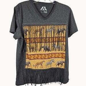 Womens L T-Shirt Gray Safari Animal Fringe V-Neck Tee Casual Elephant Zebra Art
